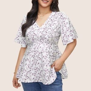 BloomChic Plus Size XL Floral Pleated Elastic Waist Ruffle Sleeve Blouse us14-16